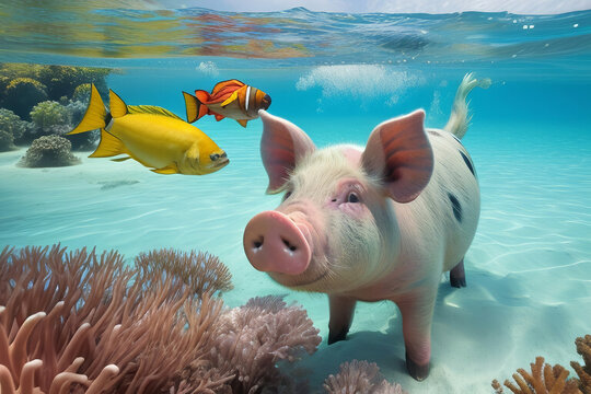 Floating tame pigs on a white sand beach. 
A trip to the Bahamas. Exuma pig beach.
Generative AI.
