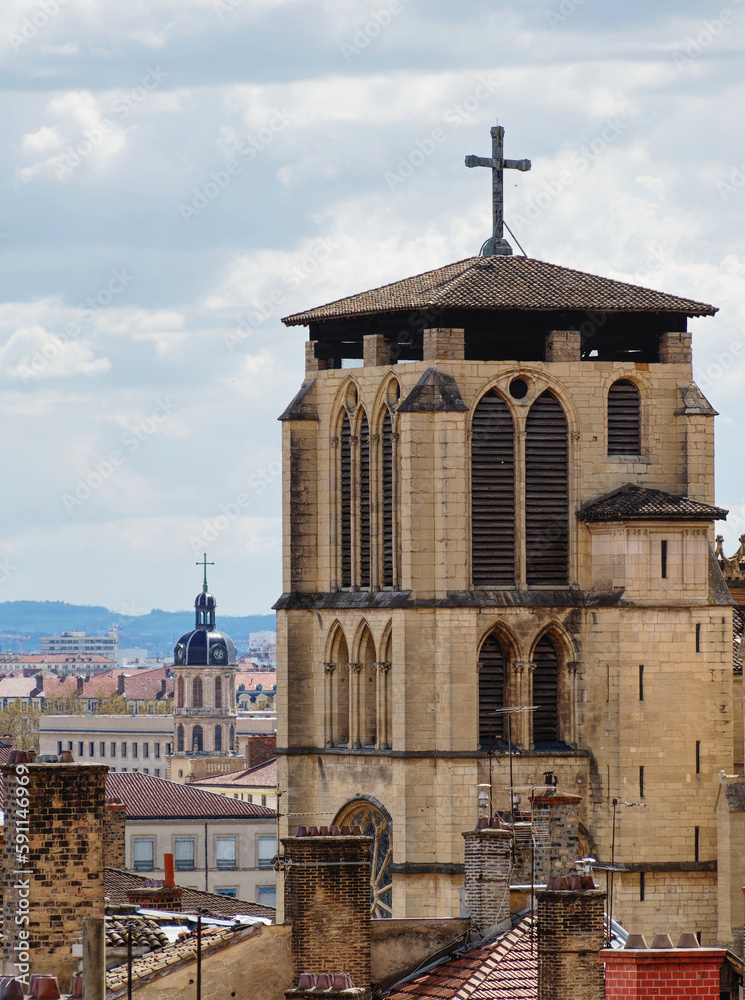 Wall mural view of st jean cathedral from montée des chazeaux, lyon, france