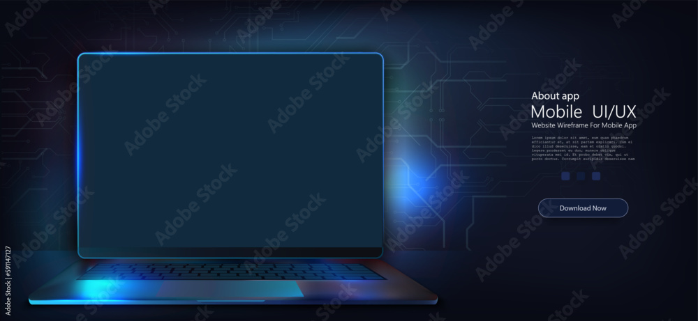 Leinwandbilder A portable neon computer with a blank screen and a desk in a dark room with blue lighting. Technological background with a laptop. Vector illustration