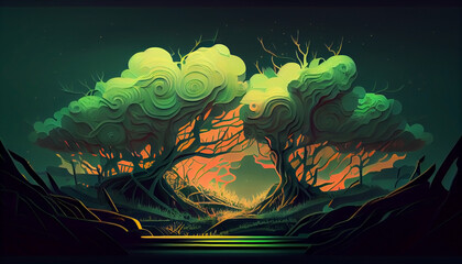 Abstract forest fantasy landscape illustration graphic, by generative AI	
