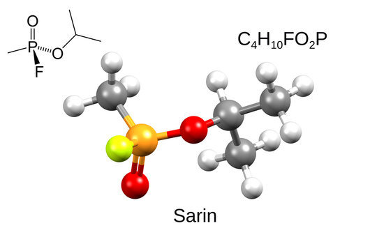 Chemical formula, skeletal formula and 3D ball-and-stick model of sarin, a neurotoxic gas used as a chemical weapon