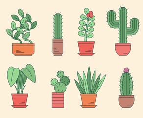 Trendy home plants vector element set.
