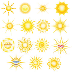 Suns vector set with funny faces and beautiful shapes. Sun vector collection.