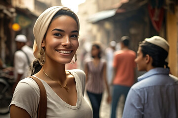 young adult woman with a headscarf in a busy side street, other people in the background, fictitious place. Generative AI