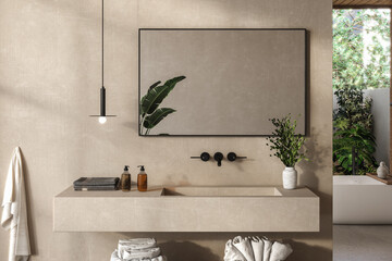 Chic bathroom setup with soap dispensers, towels, plant, black-framed mirror, pendant light, and...