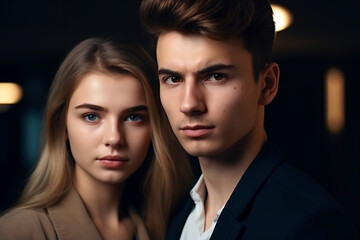 a couple, a young woman and a young man in a business suit, front view, serious or serious facial expression. Generative AI