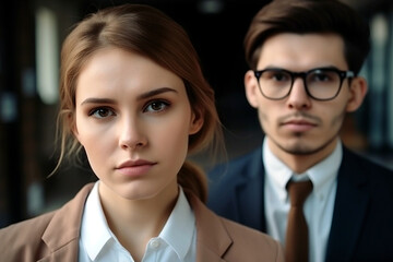 Fototapeta na wymiar a young woman and a young man in a business suit, front view, serious or serious facial expression. Generative AI