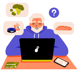 Elderly man chooses products online. Internet shopping at computer. Ordering goods, paying for purchase with credit card on the website. Old man with laptop sitting at desk. Vector.