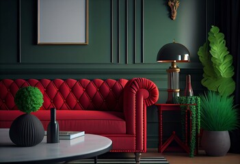 Home interior with red sofa, table and decor in green living room, 3d render. Generative AI