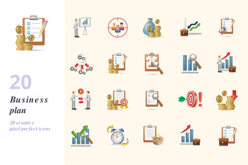 Business plan set. Creative icons: presentation, audience, capital, market analytics, marketing plan, operation management, financial plan, swot analysis, enterpreneurship, conflict of interest