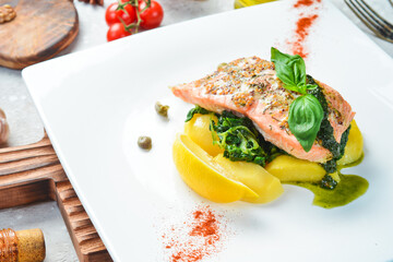 Baked salmon with spinach on a potato pillow. On a white plate. On a gray stone background. Restaurant menu.