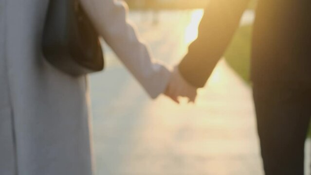 Young couple walking in the park at sunset holding hands
