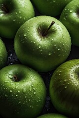 Fresh green apples with rain droplets with cinematic lighting, Generative AI