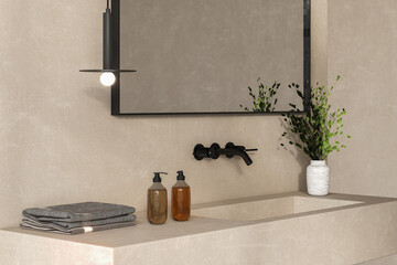 Chic bathroom setup with soap dispensers, towels, plant, black-framed mirror, pendant light, and beige walls. Ideal for showcasing your products in a stylish and modern setting. 3d rendering