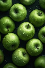 Fresh green apples with rain droplets with cinematic lighting, AI generative