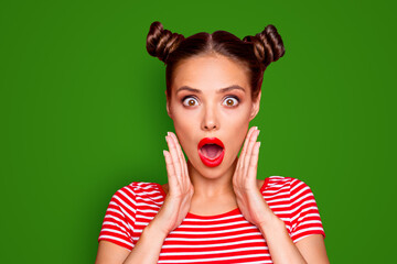 Say what Close up portrait of shocked brunette girl with wide open mouth and big eyes hold palms near face isolated on red vivid background