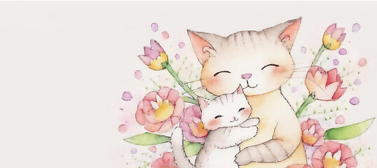 Watercolor Illustration of a cartoon anime style Mother cat and baby cat , flowers and heart-shaped balloons. Happy Mothers day holiday. Generated AI