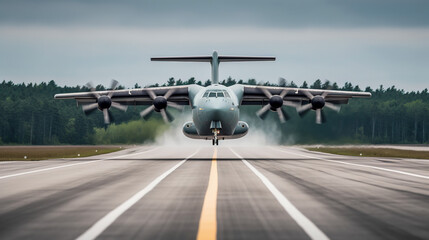 Fototapeta na wymiar Military Aviation, a Military Airplane Landing on a Runway Surrounded by Forest Landscape, Generative AI