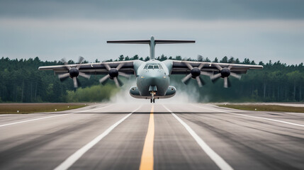 Naklejka premium Military Aviation, a Military Airplane Landing on a Runway Surrounded by Forest Landscape, Generative AI