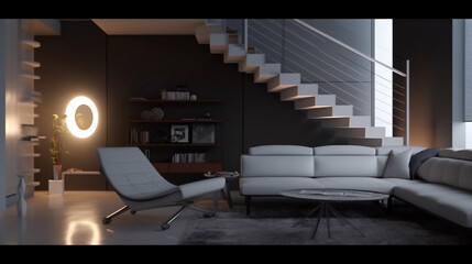 living room interior with stairs. futuristic, designer, modern, cozy. Created using generative AI.