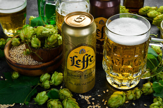 UKRAINE, LVIV - SEPTEMBER 12, 2022: Leffe BLONDE beer in metal bottles