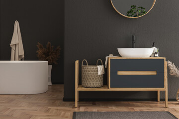 Stylish Italian bathroom with black walls, parquet flooring, white sink, black faucet, and bathtub....