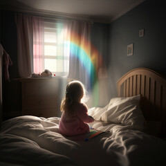 A little girl sits on a bed with a rainbow in the window created using Generative AI