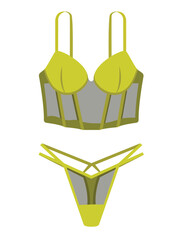 Concept Underwear women. This is a flat illustration of a green, beautiful underwear set designed for women. The illustration has a cartoonish style. Vector illustration.