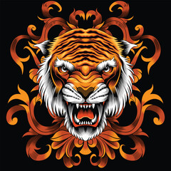 tiger head illustration with baroque ornament