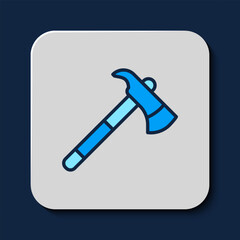 Filled outline Firefighter axe icon isolated on blue background. Fire axe. Vector