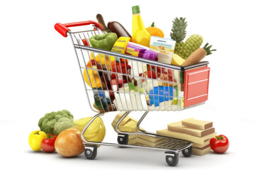 Shopping trolley cart full with food on white background. Generative AI - 591152957