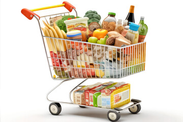 Supermarket shopping cart full with grocery products on white background. Generative AI - 591152958