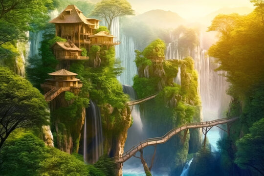 Fantasy wooden houses on the rock by the waterfall in forest during sunrise. Sun light in morning mist. Generative AI