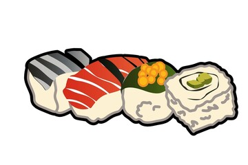 sushi, sashimi and maki. Japanese cuisine. Doodle, cartoon. Isolated on a white background.