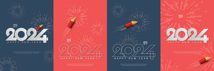Creative design concept of 2024 new year. Set of 2024 new year design with firework rocket and line concept for greeting card, banner, template, poster and flyer
