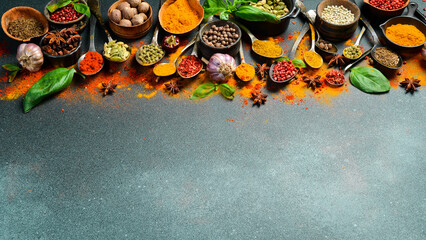 Colorful various herbs and spices for cooking. Cooking Banner. Side view.