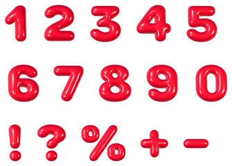 Set of 3d red rounded numbers and symbols on white background 