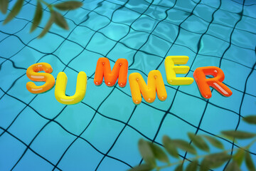 3d mockup template collage of rubber buoys floating making word summer commercial for travel trip sale offers