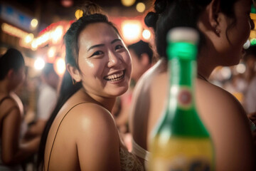 young asian woman in a bar in warm temperatures with sweaty skin, fun and joy, at night in a fictitious place. Generative AI