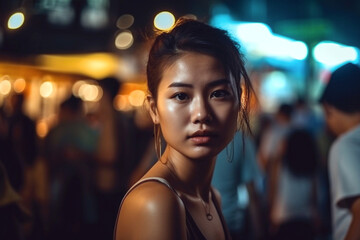 Obraz premium young girls, multiethnic or asian, alone at night in a city, fictional place. Generative AI