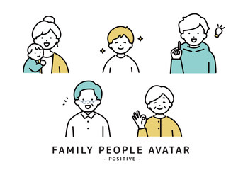 ポジティブな表情　様々な世代の家族のアイコンセット　その１