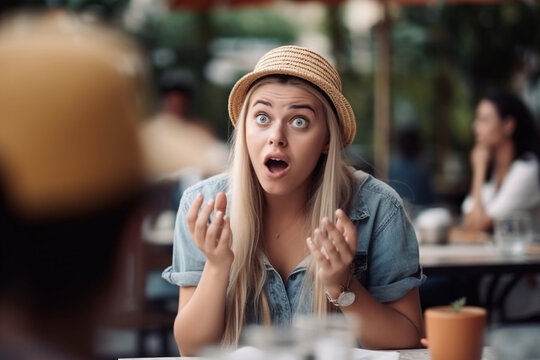young woman in the outdoor area of a cafe or restaurant with a shocked surprised expression on her face, fictitious place and reason. Generative AI