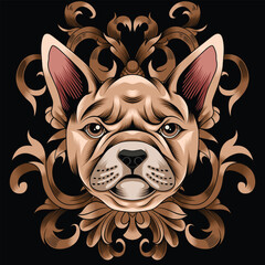 french bulldog illustration with baroque ornament