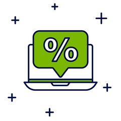 Filled outline Percent discount and laptop icon isolated on white background. Sale percentage - price label, tag. Vector