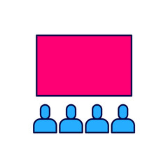 Filled outline Cinema auditorium with screen icon isolated on white background. Vector