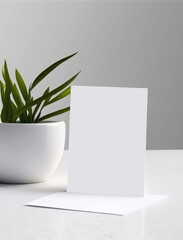 Minimalist vertical white blank of paper mockup on table with plant in pot. Simple empty card for text for 5x7 invitation template. Generative AI