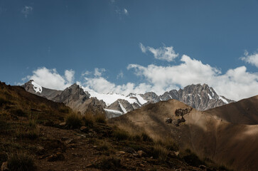 A panoramic view of the peaks of the Turkestan Ridge in Kyrgyzstan.