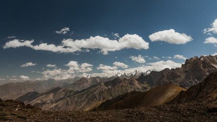 A panoramic view of the peaks of the Turkestan Ridge in Kyrgyzstan.