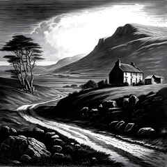 black and white illustration 1800 Scotland pasture road running towards bottom right small stone croft in background 