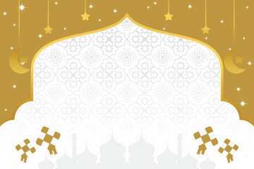 islamic day sale poster template with free space for text. It has an ornament of the silhouette of a mosque, lanterns, moon, stars and diamonds. Design for banners, greeting cards, social media